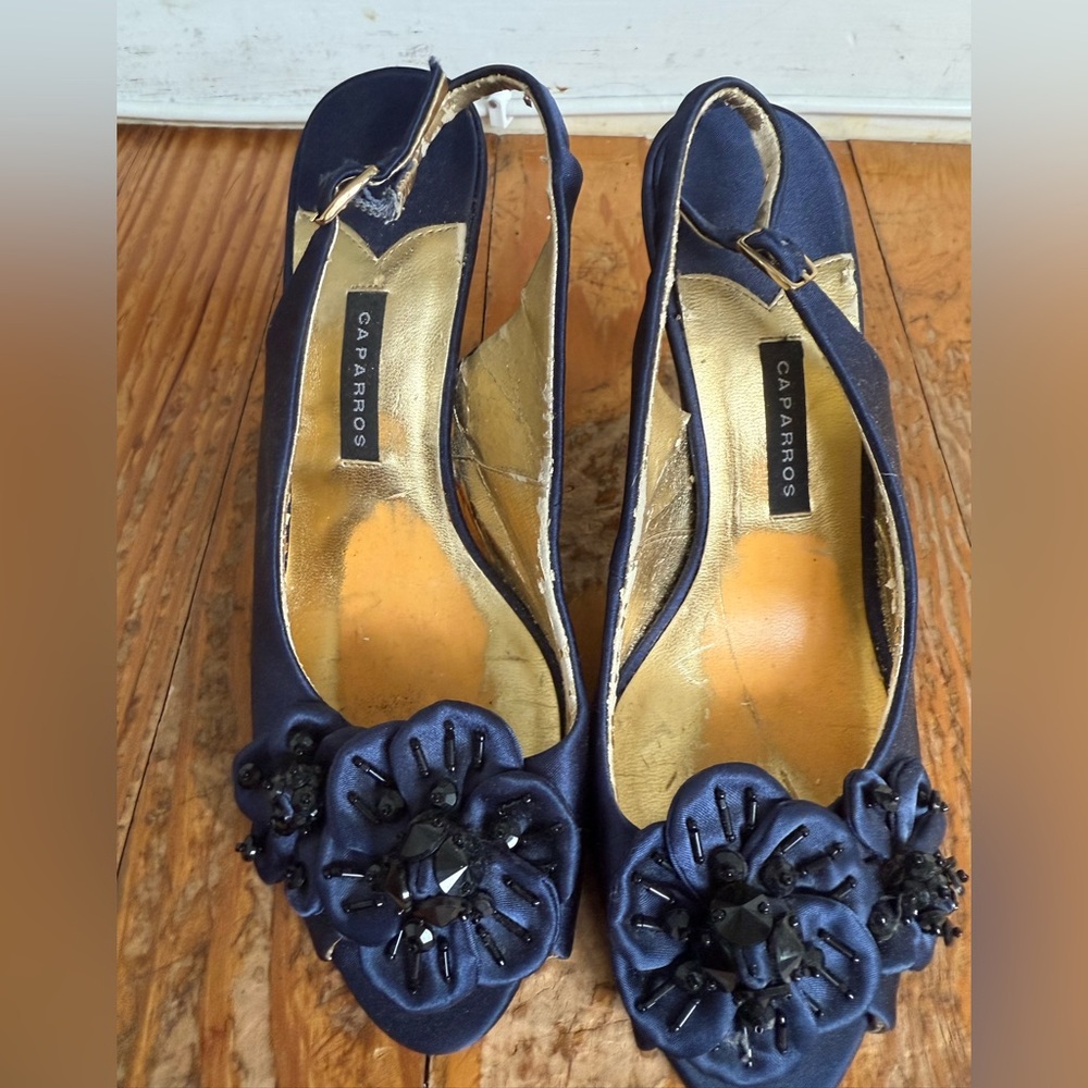 Caparros Midnight Blue Heels with Floral Embellishments